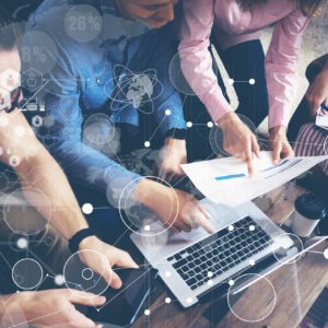 Global Strategy Connection Data Virtual Icon Innovation Graph Interface.Startup Diversity Teamwork Brainstorming Meeting Concept.Business People Coworkers Sharing Worldwide Economy Laptop Touchscreen